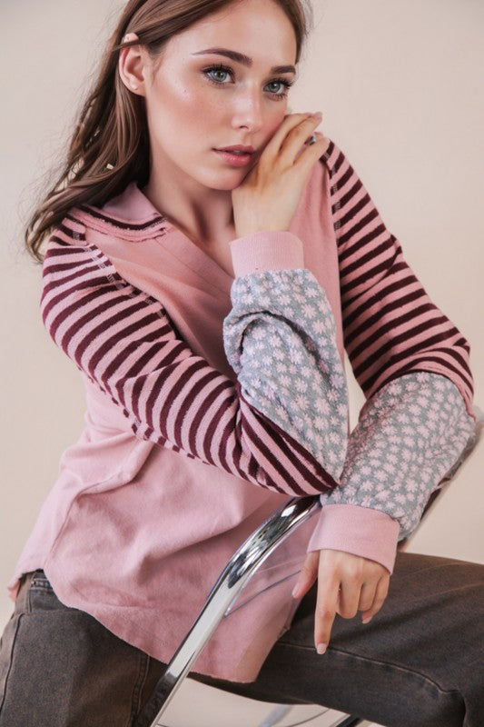 Blushing Floral & Stripe Detail Top