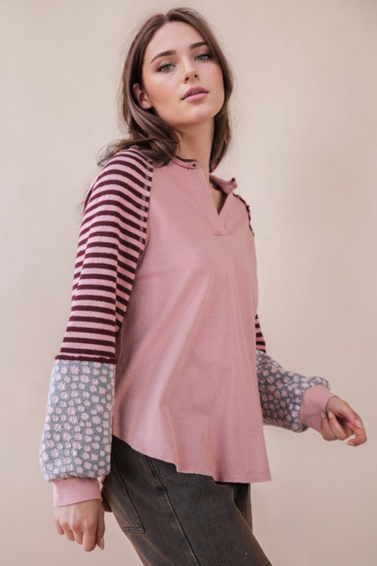 Blushing Floral & Stripe Detail Top