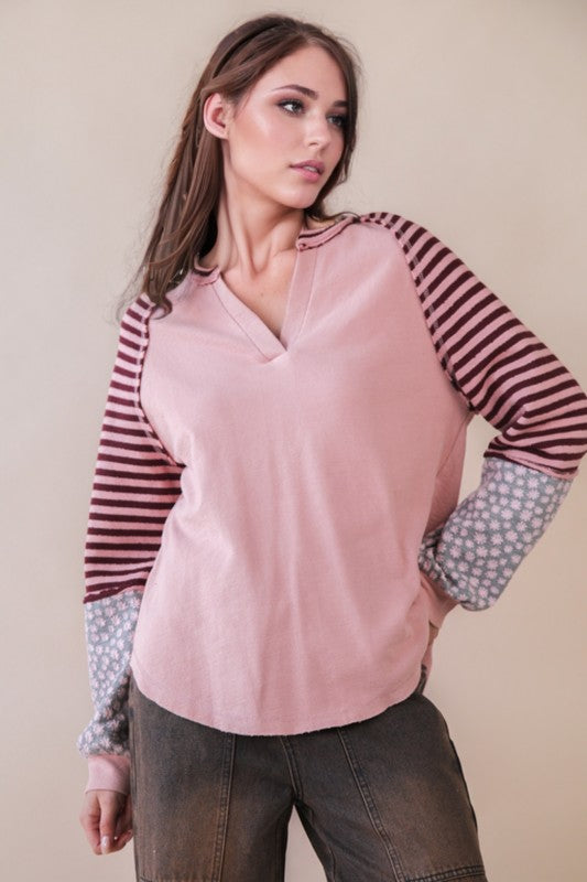 Blushing Floral & Stripe Detail Top