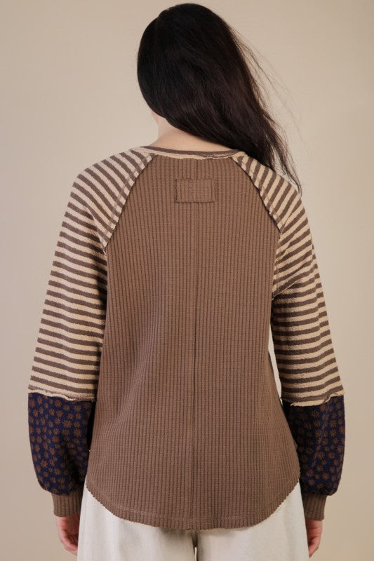 Pumpkin Patch Floral & Stripe Knit Top - Mocha