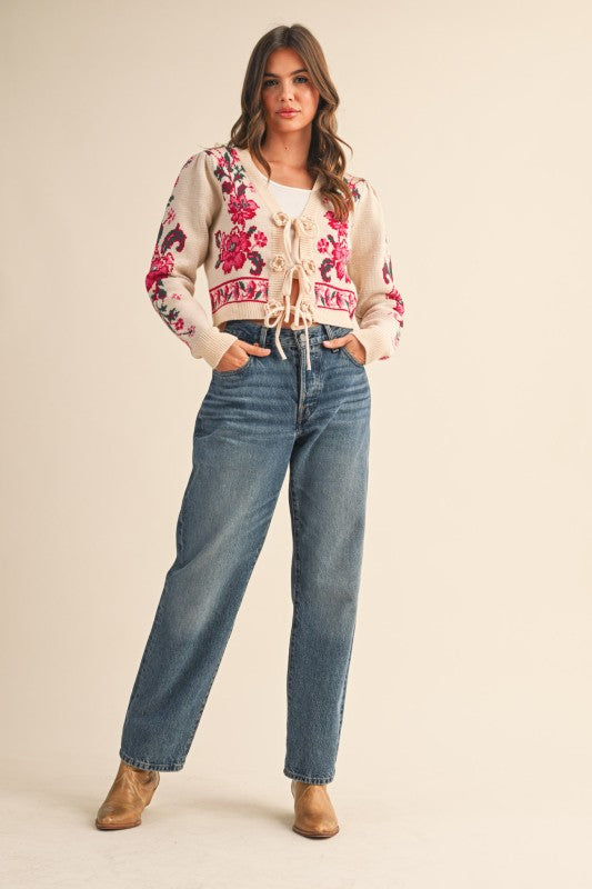 Claudia Floral Knit Tie-Front Sweater Cardigan