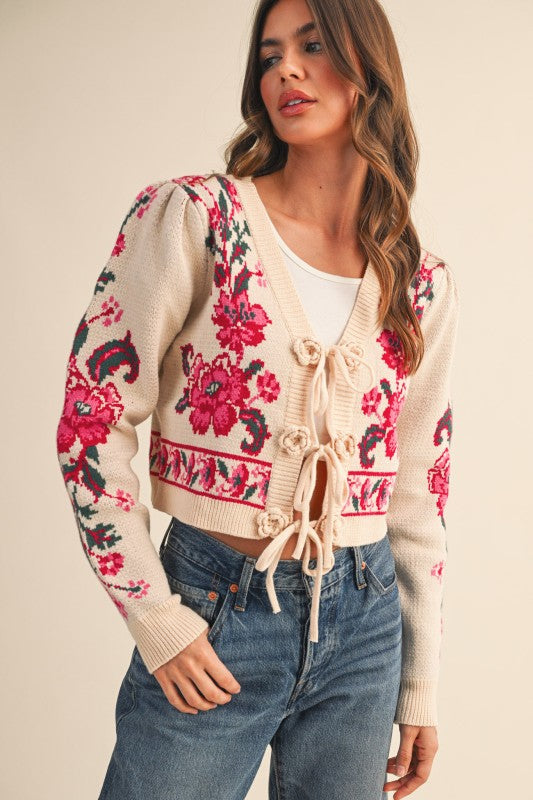 Claudia Floral Knit Tie-Front Sweater Cardigan