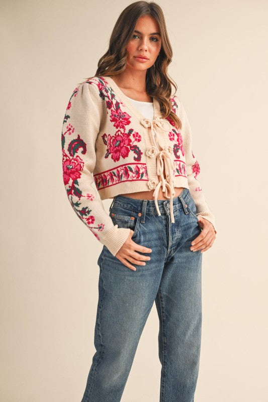 Claudia Floral Knit Tie-Front Sweater Cardigan