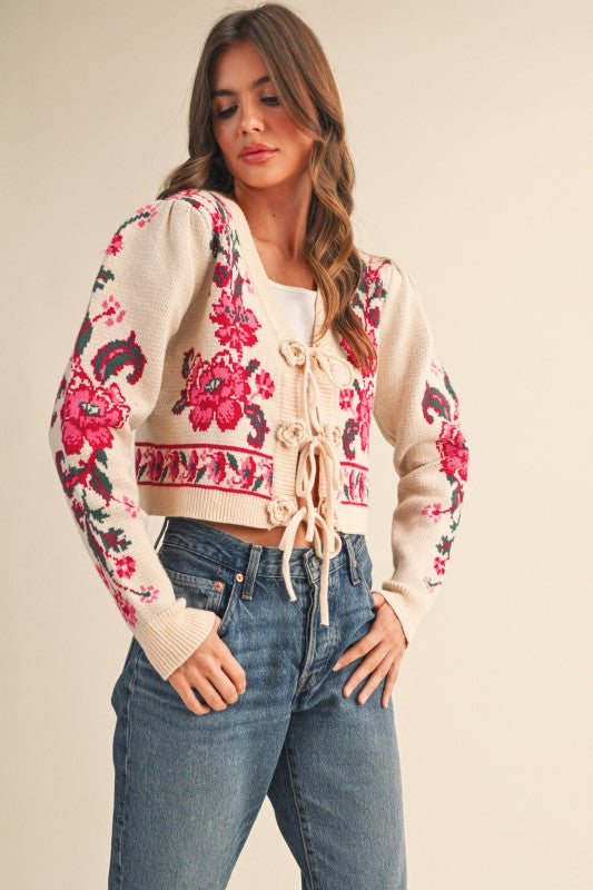 Claudia Floral Knit Tie-Front Sweater Cardigan