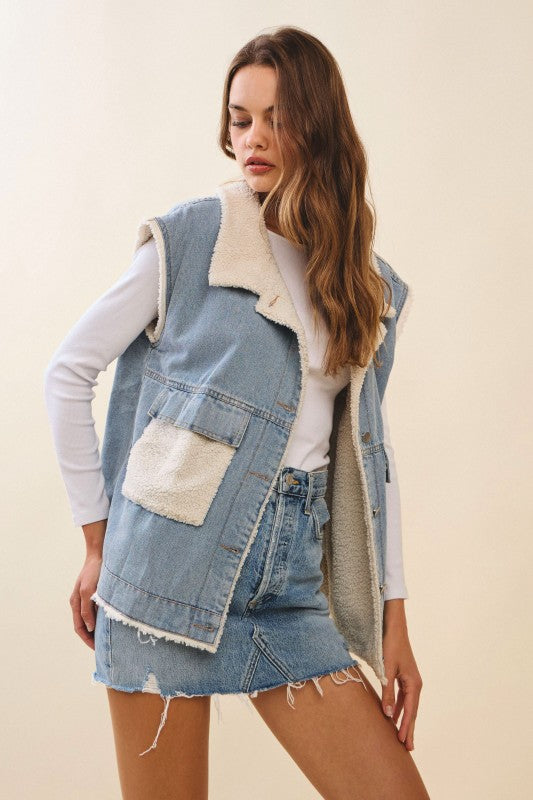 Washed Denim Cloud Vest With Pocket