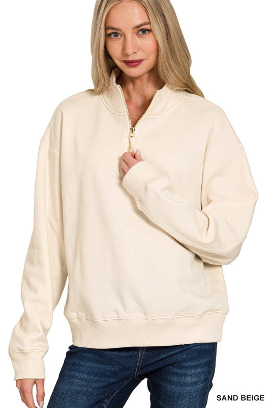 Fleece Half Zip Sweatshirt - Sand Beige