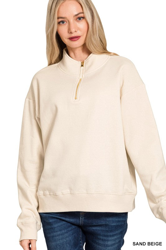 Fleece Half Zip Sweatshirt - Sand Beige