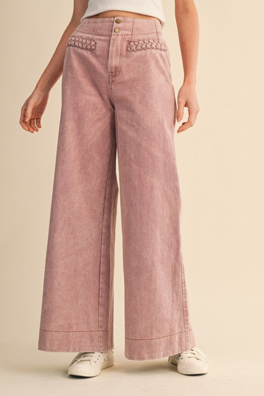 Braided Pockets High Waist Wide Leg Pants