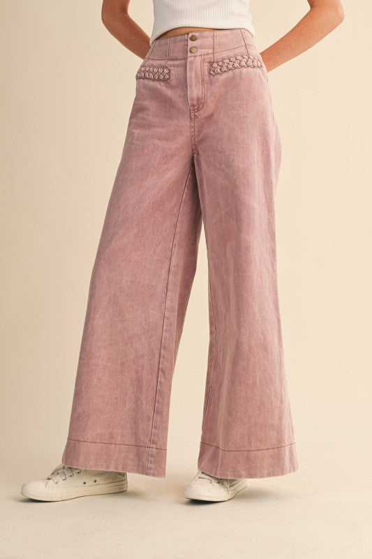 Braided Pockets High Waist Wide Leg Pants