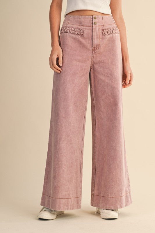 Braided Pockets High Waist Wide Leg Pants