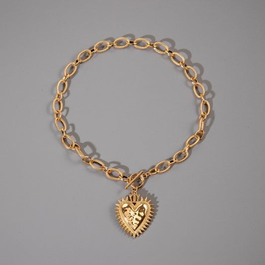 Spiked Heart Chunky Chain Toggle Necklace