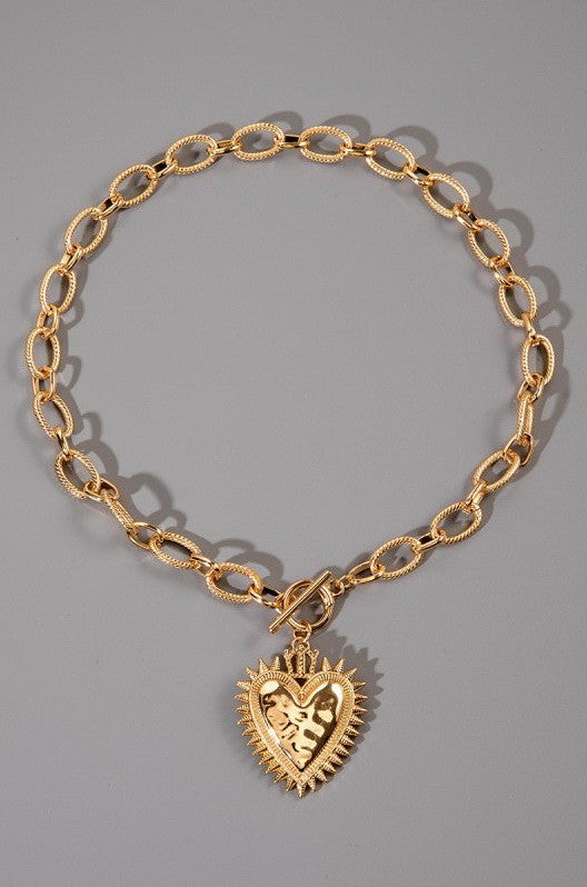 Spiked Heart Chunky Chain Toggle Necklace