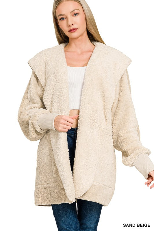 Wrap Me Up Hooded Sherpa Jacket - Sand Beige