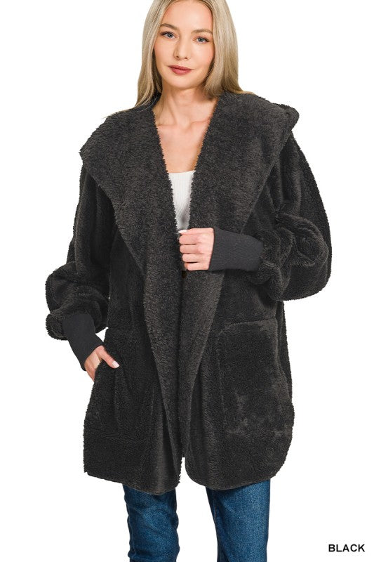 Wrap Me Up Hooded Sherpa Jacket - Black