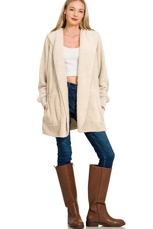 Wrap Me Up Hooded Sherpa Jacket - Sand Beige