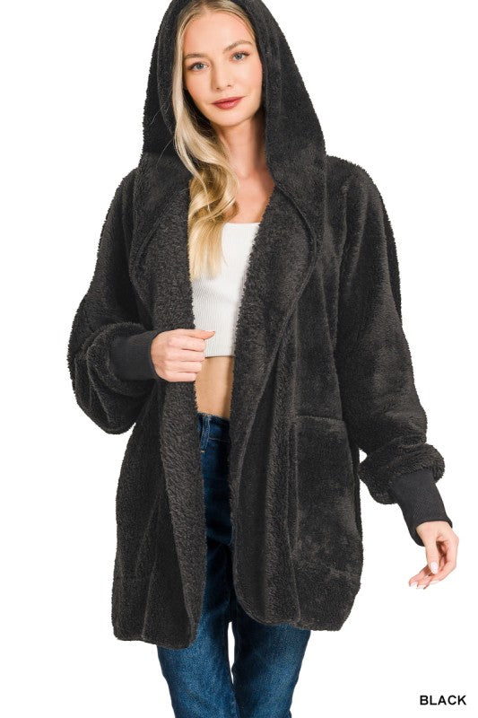 Wrap Me Up Hooded Sherpa Jacket - Black