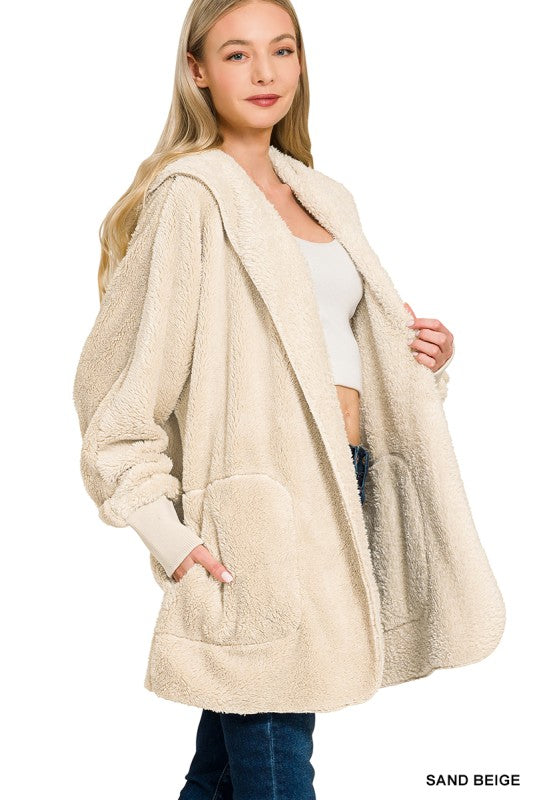 Wrap Me Up Hooded Sherpa Jacket - Sand Beige