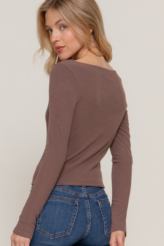Janae Long Sleeve Brushed Rib Knit Top - Brown
