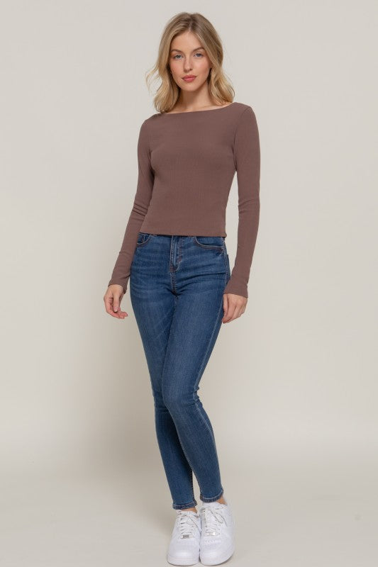Janae Long Sleeve Brushed Rib Knit Top - Brown
