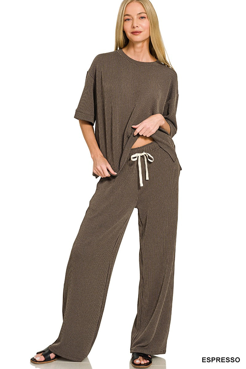 Get Up And Go Two Piece Ribbed Set - Espresso