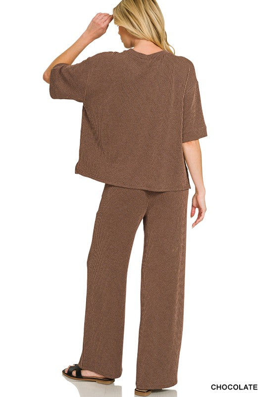 Get Up And Go Two Piece Ribbed Set - Chocolate