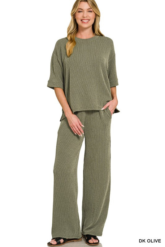 Get Up And Go Two Piece Ribbed Set - Dark Olive