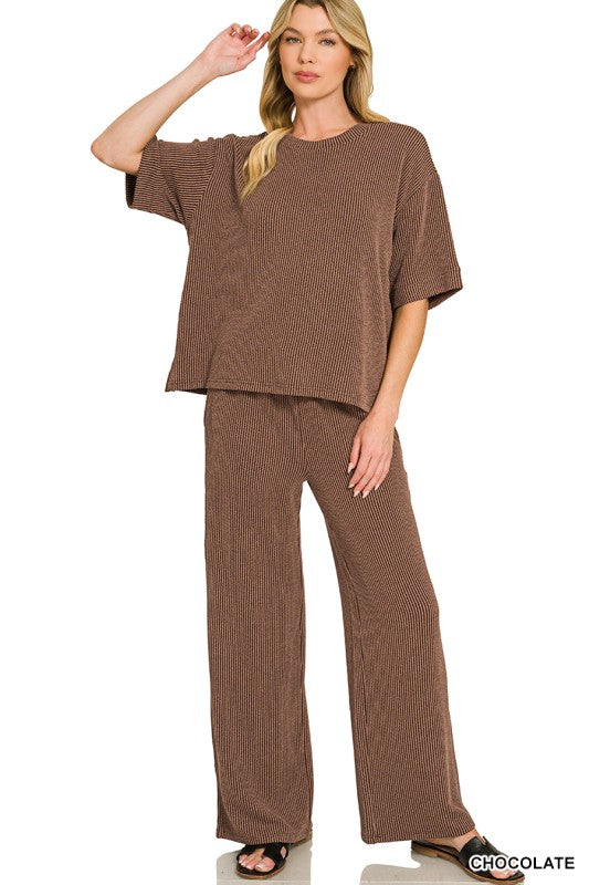 Get Up And Go Two Piece Ribbed Set - Chocolate