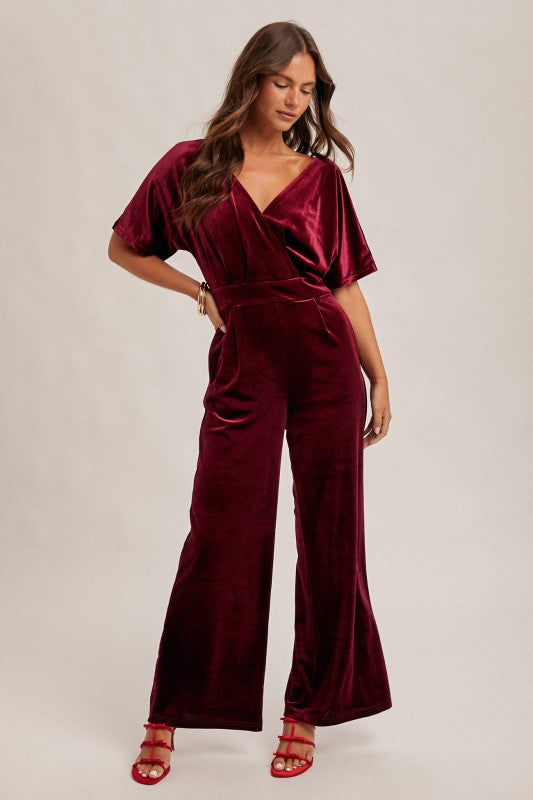 RESTOCK | Merlot Surplice Neck Velvet Jumpsuit