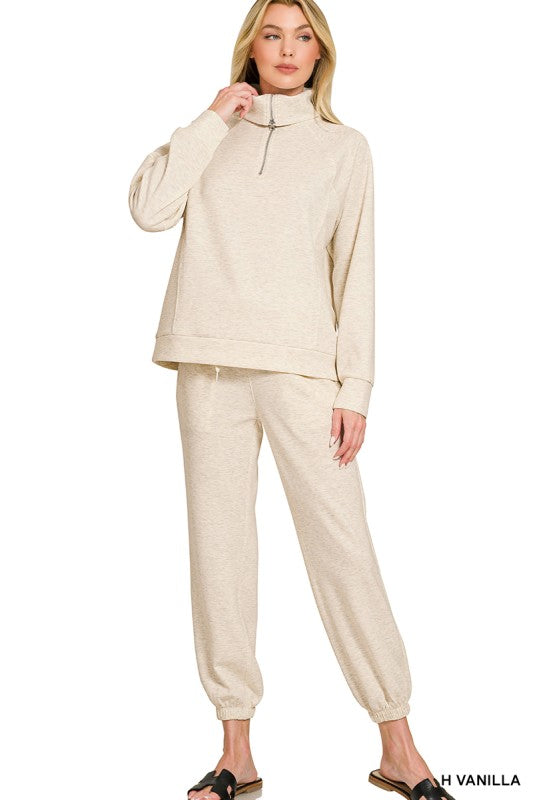 Cozy Vibes Scuba Half Zip Sweatshirt & Joggers Set - Heather Vanilla