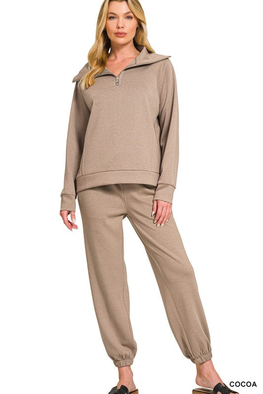 Cozy Vibes Scuba Half Zip Sweatshirt & Joggers Set - Cocoa