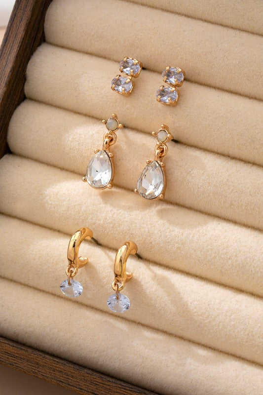 Trio Gold Tone Crystal Drop Earring Set
