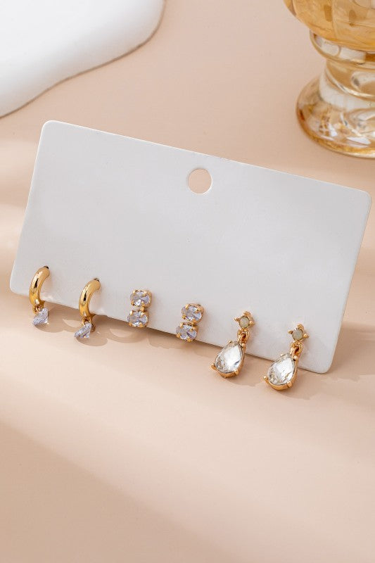 Trio Gold Tone Crystal Drop Earring Set