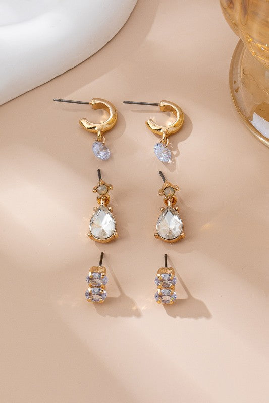 Trio Gold Tone Crystal Drop Earring Set