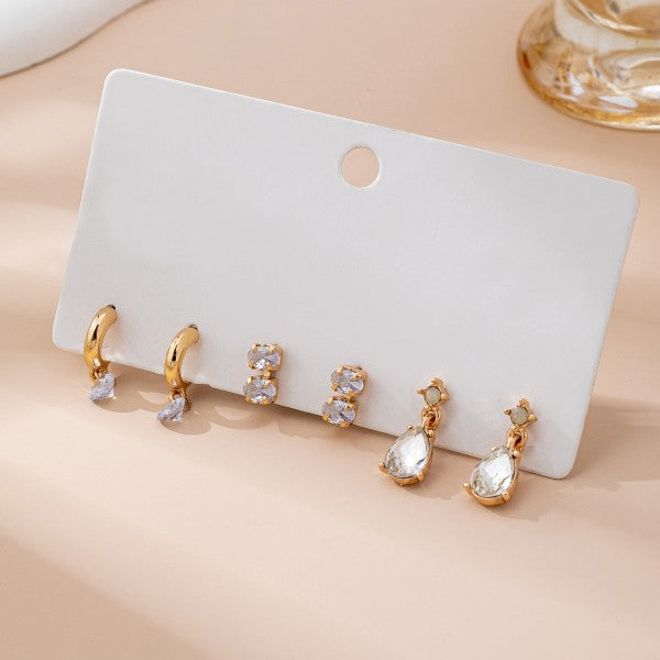 Trio Gold Tone Crystal Drop Earring Set