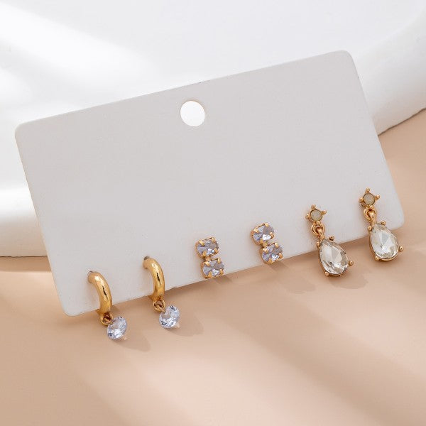 Trio Gold Tone Crystal Drop Earring Set