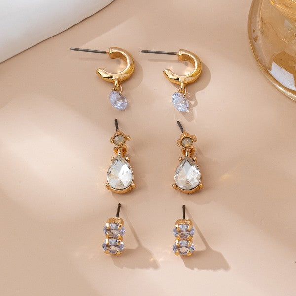 Trio Gold Tone Crystal Drop Earring Set