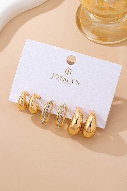 Chunky Hoop Rhinestone Trio Earring Set