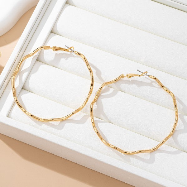 Oversized Hammered Gold Wavy Hoop Earrings
