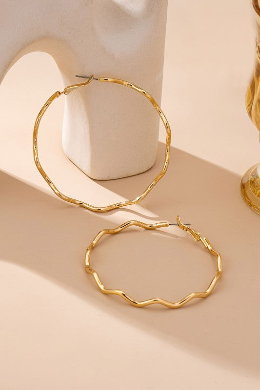 Oversized Hammered Gold Wavy Hoop Earrings