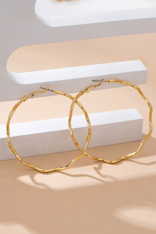 Oversized Hammered Gold Wavy Hoop Earrings