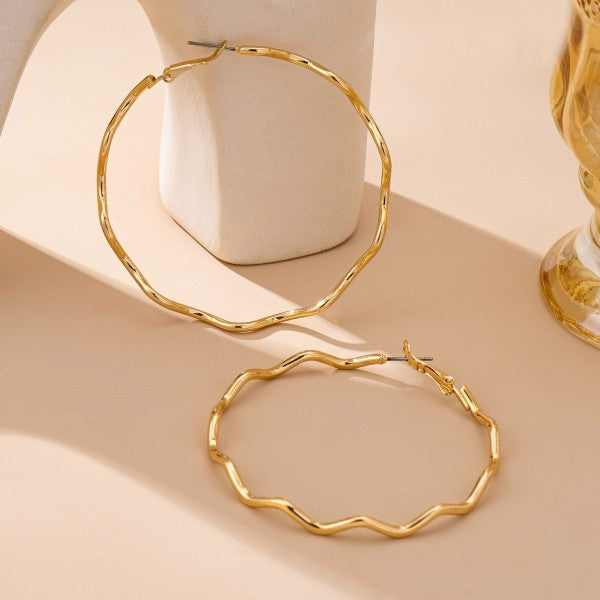 Oversized Hammered Gold Wavy Hoop Earrings