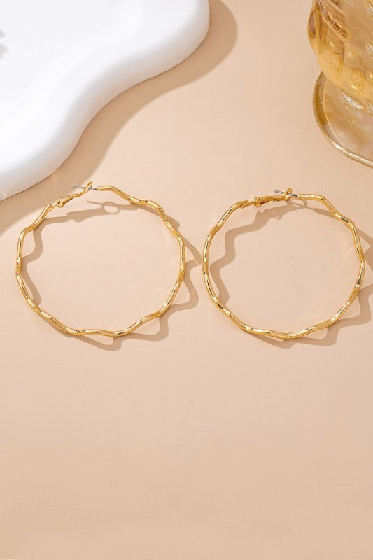 Oversized Hammered Gold Wavy Hoop Earrings