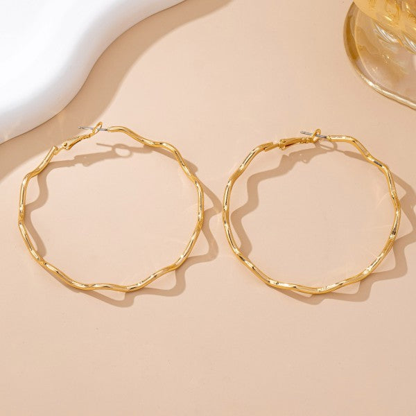 Oversized Hammered Gold Wavy Hoop Earrings