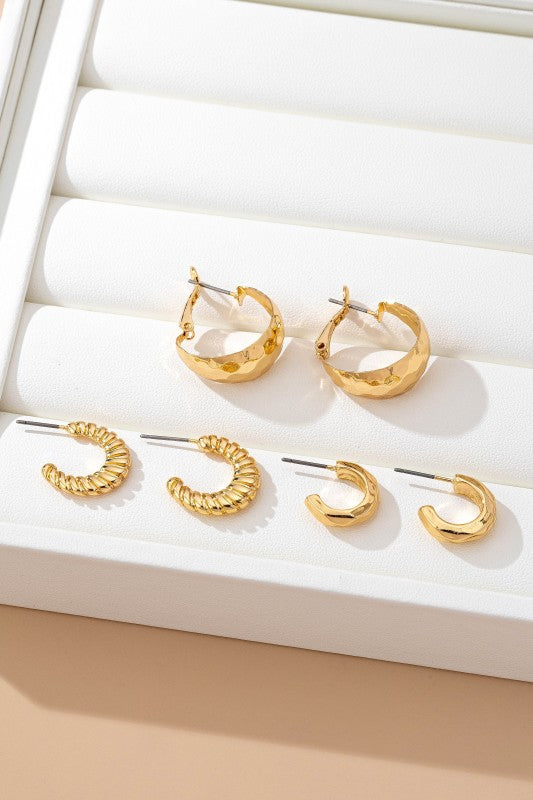 Mixed Texture Gold Crescent Hoop Trio Earring Set