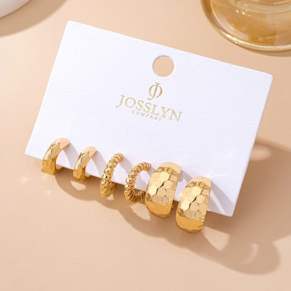 Mixed Texture Gold Crescent Hoop Trio Earring Set