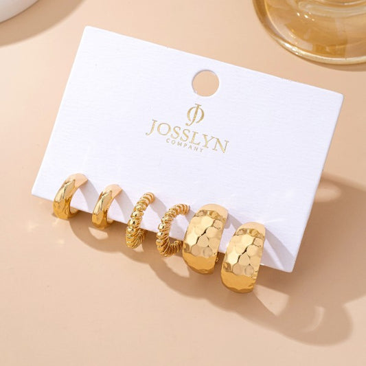 Mixed Texture Gold Crescent Hoop Trio Earring Set