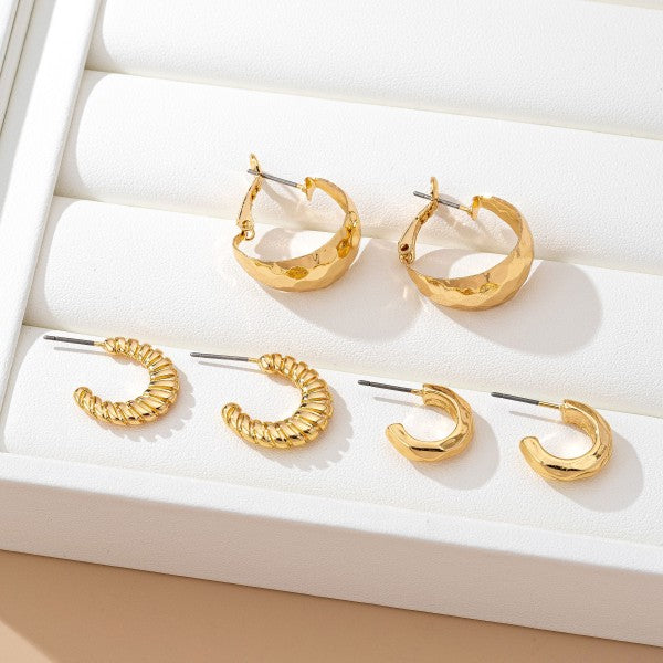 Mixed Texture Gold Crescent Hoop Trio Earring Set