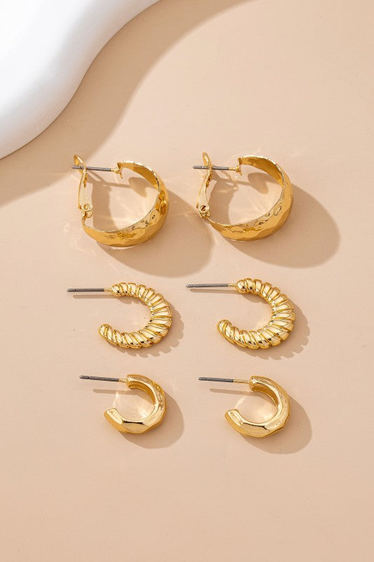 Mixed Texture Gold Crescent Hoop Trio Earring Set