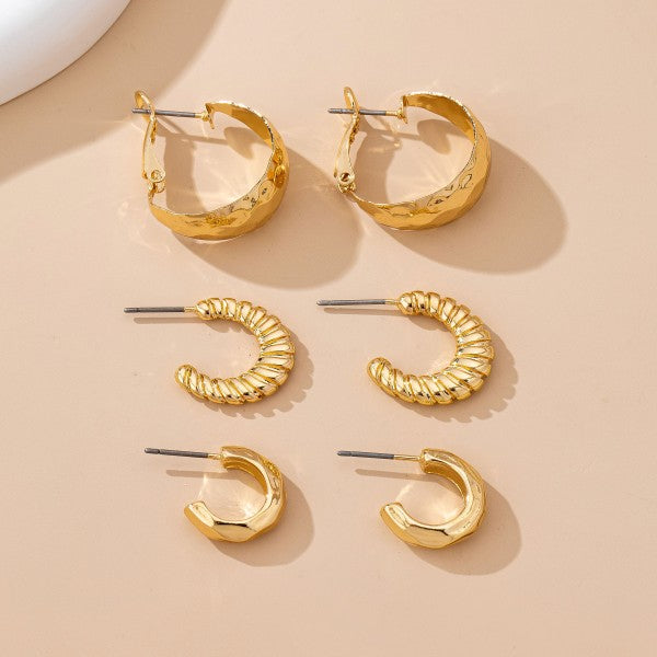 Mixed Texture Gold Crescent Hoop Trio Earring Set