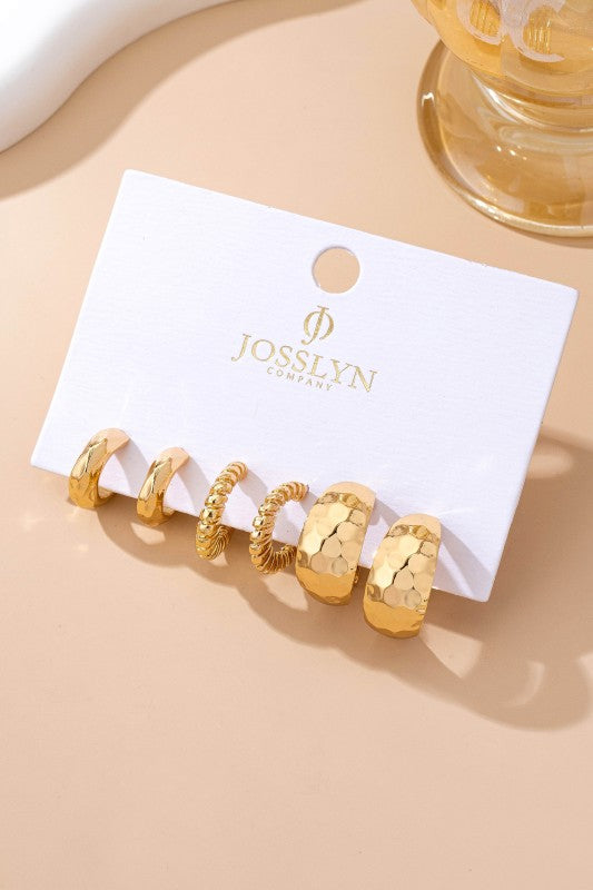 Mixed Texture Gold Crescent Hoop Trio Earring Set